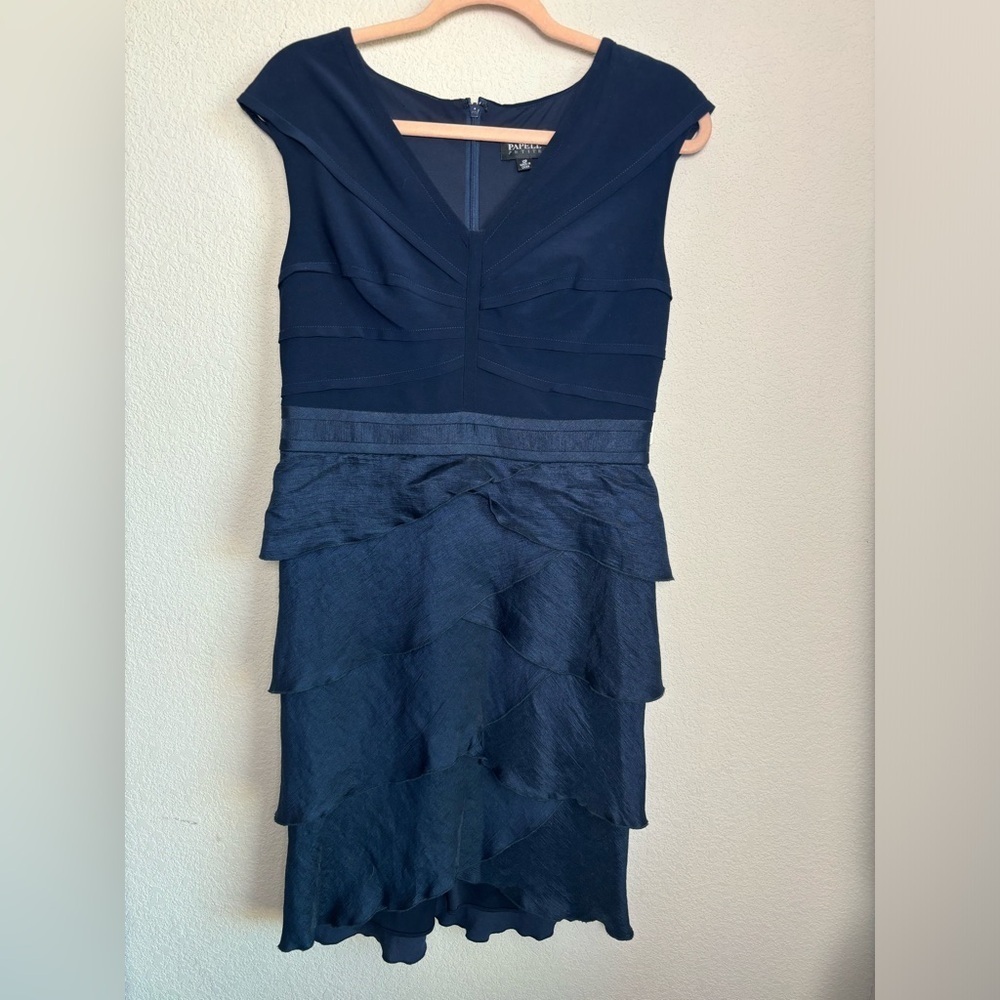NWT Adrianna Papell Dark Navy Blue Jersey & Organza Tiered Cocktail Dress 10P